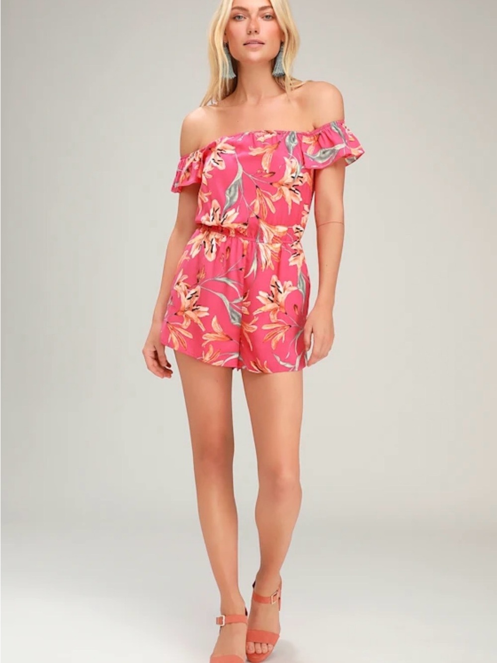 Lulus Off-Shoulder Pink Floral Romper